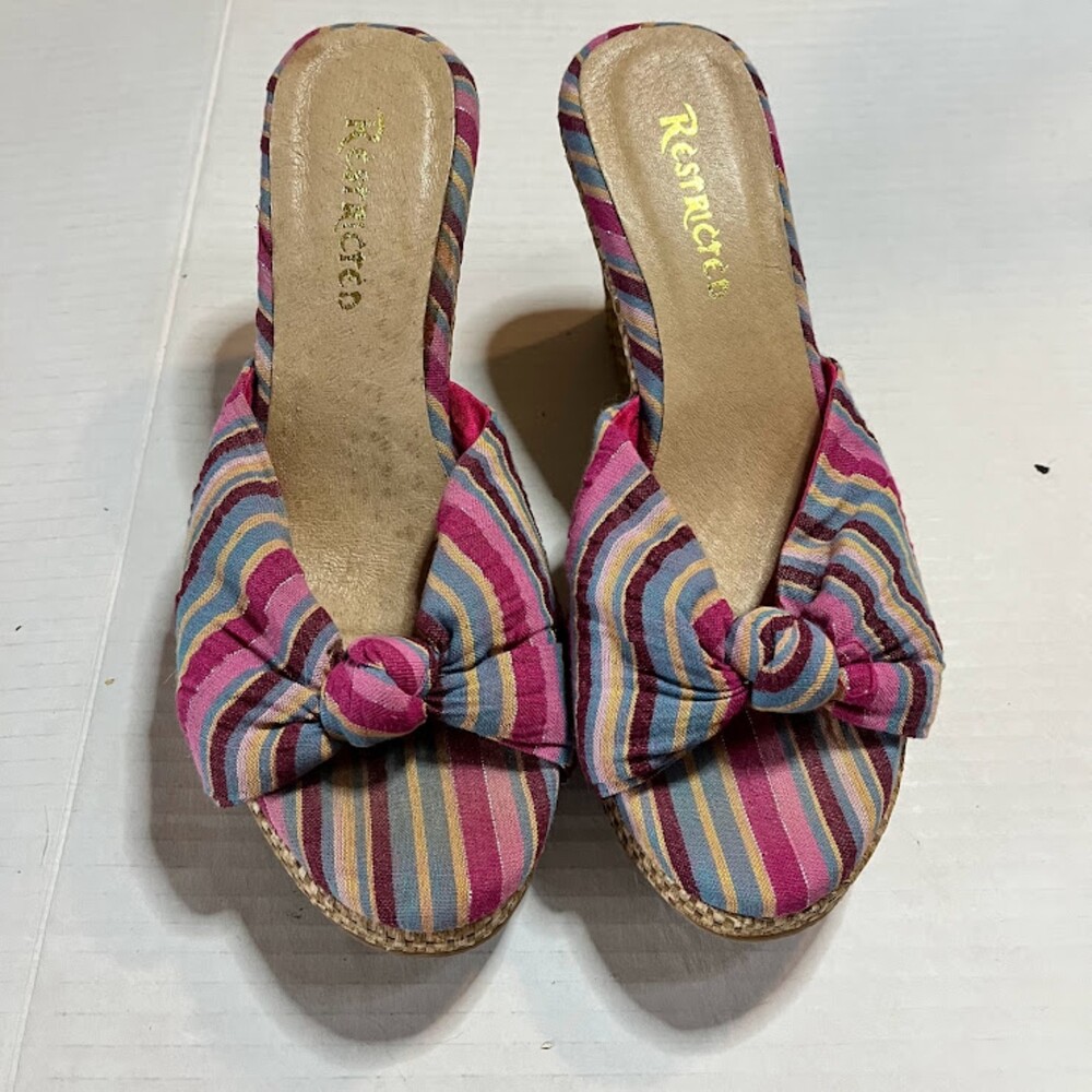 Restricted Tropicalcore Bohochic Pink/Purple/Blue Stripe Slide On Jute 3"Wedge 6